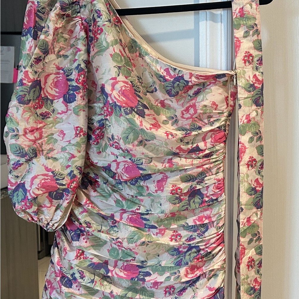 LoveShackFancy Cream One-Shoulder Floral Dress with Pink and Green Print